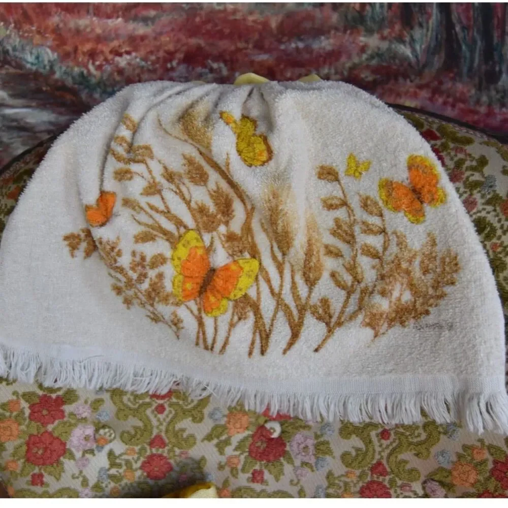 Vintage Hanging Kitchen Towels Set of 3 Cat Floral Butterfly Handmade